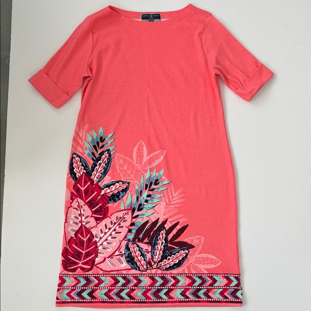 Karen Scott Tropical Print Elbow Sleeve Boat Neck Knit Dress Coral Leaf Print MP